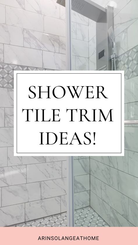 Shower Tile Border Designs, Bullnose Shower Trim, Shower Decorative Tile Band, Tile Border Bathroom Wall Shower Ideas, Shower Tile Ideas White Traditional Bathroom, White Shower Tiles Ideas, Accent Shower Tile Ideas, Shower Edge Trim, Bathroom Tile Edge Ideas