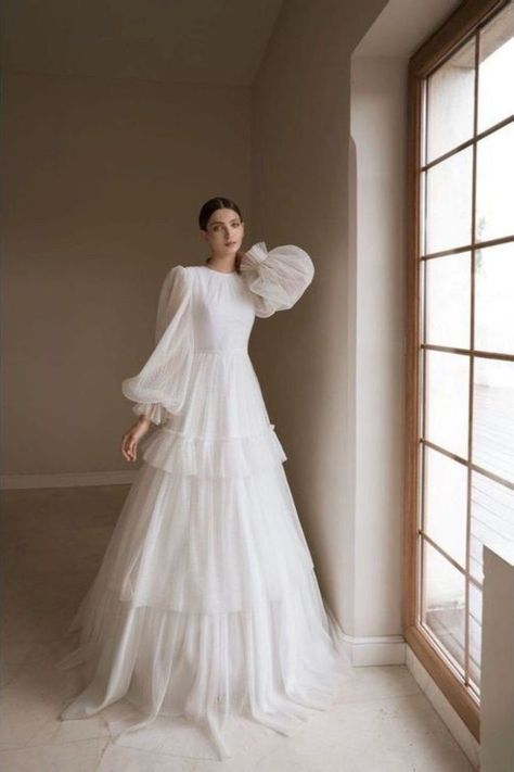 Bride Dress♡ Puff Sleeve Wedding Dress, Muslimah Wedding Dress, Nikah Dress, Muslimah Wedding, Modest Bridal, Bride Dress Simple, Modest Wedding Gowns, Fancy Wedding Dresses, Fancy Wedding