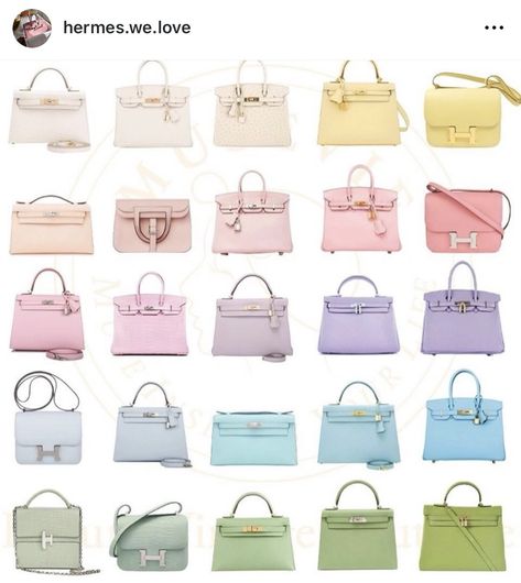 Hermes Pastel Bag Color Chart 2024 — Collecting Luxury Hermes Colours, Hermes Birkin Colours, Hermes Kelly Pochette, Rainbow Collage, Pastel Bags, Hermes Constance Bag, Kelly Pochette, Mini Kelly, Stylish School Bags