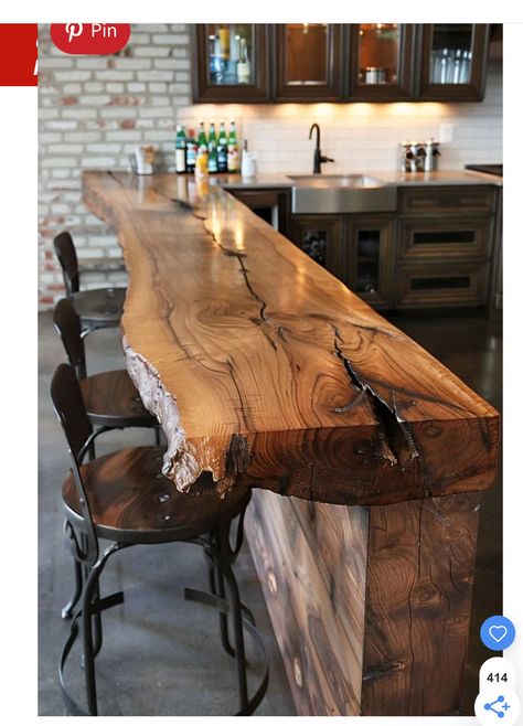 Live Edge Bar, Basement Bar Designs, Diy Home Bar, Kitchen Island Ideas, Rustic Kitchen Island, Small Kitchen Layouts, Coffee Bars In Kitchen, Rustic Kitchen Design, Cabin Kitchens