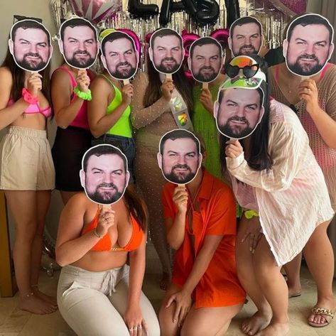 The groom will get a good laugh out of these groom face photo props in all your bachelorette party photos. 18 inch cut out face with stick. Printed on laminated glossy cardstock. Bachelorette Groom Face On Stick, Fiance Face Bachelorette, Bachelorette Grooms Face, Bachelorette Face On Stick, Funny Hen Do Ideas, Batchularet Party Ideas, Bachelorette Husband Face, Bachelorette Fiance Face, Dress Like The Groom Bachelorette