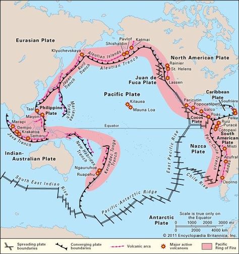 Ring of Fire | Definition, Map, & Facts | Britannica.com Pacific Ring Of Fire, Tectonic Plate Boundaries, Plate Boundaries, Map Worksheets, Geography Map, Earth And Space Science, Ring Of Fire, Plate Tectonics, World Geography