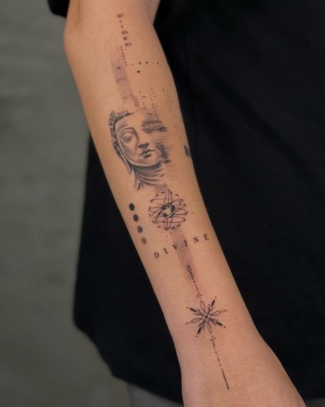 ‘D I V I N E’ from the V series, This is a work that I enjoy very much ��🤍 #tattoo #tattoos #tattoodesign Buda Tattoo, Camera Logos Design, Buddha Tattoo Design, Buddha Tattoos, Buddha Tattoo, Camera Logo, Spiritual Tattoos, Tattoo Design Book, Halloween Costumes Makeup