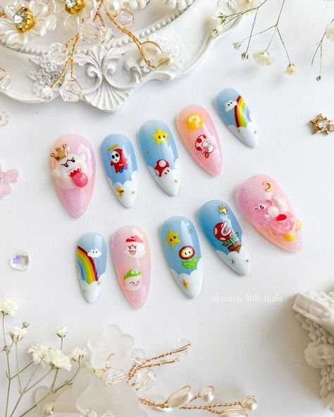 Mario And Luigi Hats, Lemon Nail Art, Super Mario Design, Yoshi Nintendo, Nail Ideas For 2023, Peach Nail Art, Mario Design, Strawberry Nail Art, Halloween Nail Art Tutorial