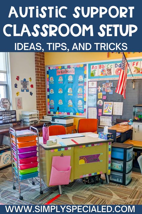 Today I want to share with you my special education classroom layout for an autistic support classroom. Inside my elementary special education classroom, I provide an area for the teacher and teacher assistants. I post the daily routine schedule for special needs kids. The placement of the student desks is important to keep them engaged and learning. Another teacher tip is to incorporate an area for centers and independent workstations. A calm corner in the classroom is a must too! Additional Support Needs Classroom, Austim Classroom Ideas, Structured Teaching Classroom Setup, Learning Support Classroom Ideas, Centers For Special Education Classroom, Kindergarten Special Education Classroom, Special Education Elementary Classroom, Special Education Classroom Layout, Special Ed Classroom Setup Elementary