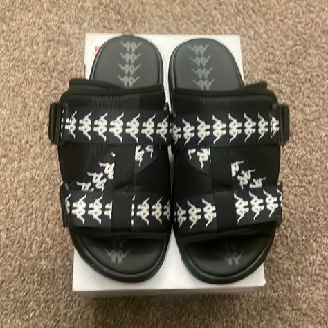 Black-White Kappa Slides Black Kappa Slides Outfit, Black Kappa Slides, White Kappa Slides, Kappa Slides Outfit, Kappa Slides, Bts Shoes, Aries Funny, Fly Shi Only, Football Basket