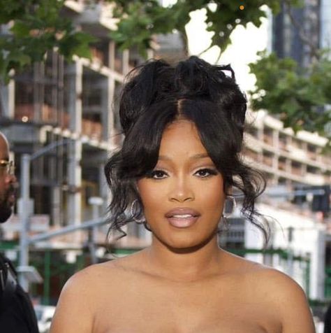 Keke Palmer Updo, Bridal Hair Black Women Up Dos, Bombshell Ponytail, Bridal Hair Updo Black Women, 30th Birthday Shoot Ideas, Ball Hair And Makeup, Black Hair And Makeup, Side Part Updo, 30th Birthday Dress