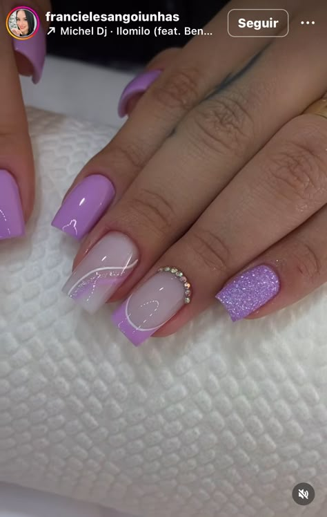 Purple Nail Design Square, Cute Nail Ideas Purple, Purple And White Nails, Purple Sparkly Nails, Purple And Silver Nails, Light Purple Nails, Purple Glitter Nails, Gel Toe Nails, Purple Acrylic Nails