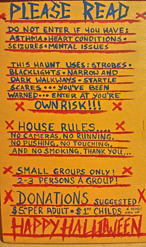 Haunted House Rules Sign, Haunted House Fundraiser, Haunted School Ideas, Haunted Basement, Haunted House Ideas Indoor, Halloween Maze Ideas Haunted Houses, Haunted House Morgue Ideas, Homemade Haunted House, Haunted Theater