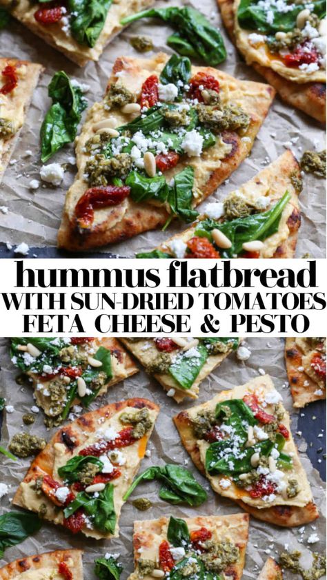 Hummus Flatbread with Sun-Dried Tomatoes & Pesto - The Roasted Root Rosemary Flatbread Recipes, Mediterranean Flatbread Pizza, Hearty Appetizer, Hummus Flatbread, Vegetarian Flatbread, Meal Vegetarian, Mediterranean Flatbread, Pizza Flatbread, Summer Pizza