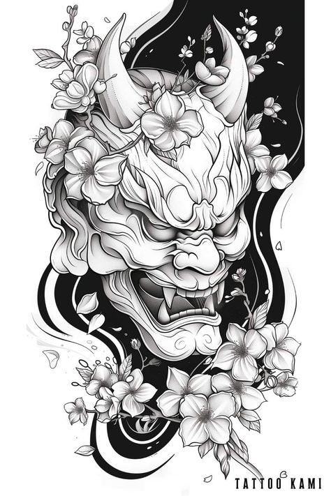 Hannya Mask Cherry Blossom Tattoo, Female Hannya Mask Tattoo, Japanese Oni Back Tattoo, Asian Style Sleeve Tattoo, Realistic Oni Mask Tattoo, Hanya Mask Sleeve Tattoo, Oni Tattoo Design Ideas, Oni Mask With Flowers Tattoo, Oni Mask Cherry Blossom Tattoo