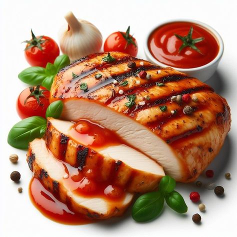 Photo photo of grilled chicken with toma... | Premium Photo #Freepik #photo Chicken Food Photography, Salt And Vinegar Chicken, Chicken With Tomato Sauce, Photo Grill, Chicken Grill, Vinegar Chicken, Food Reference, Paige Halliwell, Salt And Vinegar