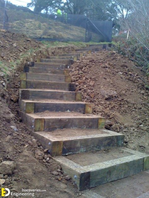 24+ Photos Of Stairs For The Garden That Are On Other Levels - Engineering Discoveries Easy Landscape Stairs, Stairs Built Into Hillside, Outdoor Stairs Hillside, Landscape Stairs Sloped Yard, Outdoor Steps On A Slope, Steps On Hillside Sloped Yard, Landscape Steps On A Slope, Railroad Tie Steps, Outside Stairs Design