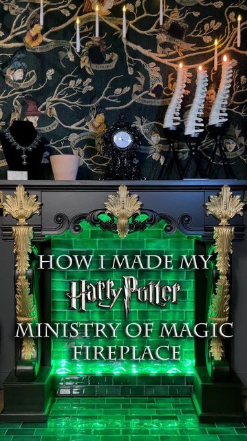 Harry Potter Wallpaper Wall, Ministry Of Magic Fireplace, Harry Potter Movie Theater Room, Chamber Of Secrets Decorations, Harry Potter Enchanted Ceiling, Harry Potter Haunted House Ideas, Harry Potter Basement Ideas, Harry Potter Great Hall Decorations, Harry Potter Craft Room