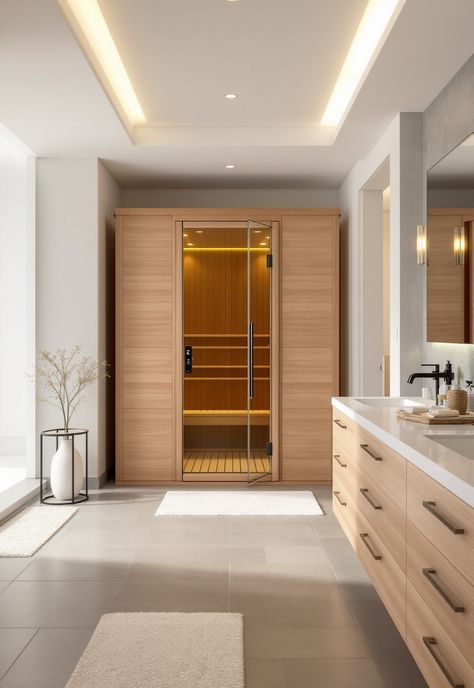 futuristic bathroom ideas Built In Sauna Bathroom, At Home Sauna Room, Bathrooms With Saunas, Master Bath With Sauna, Bathroom With Sauna Layout, Sauna Room In House, Bathroom With Sauna, Sauna Bathroom Ideas, Bathroom Sauna