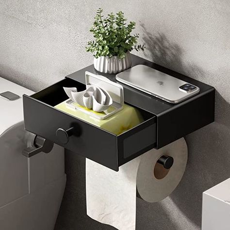 Small Bathroom Shelves, Toilet Paper Holder With Shelf, Black Toilet Paper Holder, Black Toilet Paper, Wall Mounted Bathroom Storage, Feminine Products, Drawer Shelf, Bathroom Toilet Paper Holders, Flushable Wipes