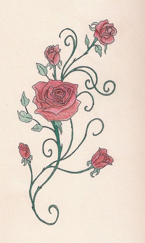 http://tattoomagz.com/rose-vine-tattoo-designs/rose-vine-with-pastels-by-aquily-on-deviantart/ Rose Bud Tattoo, Rose Vine Tattoos, Flower Vine Tattoos, Pastel Tattoo, Yellow Rose Tattoos, Vine Drawing, Vine Tattoo, Flower Vines, Drawing Designs