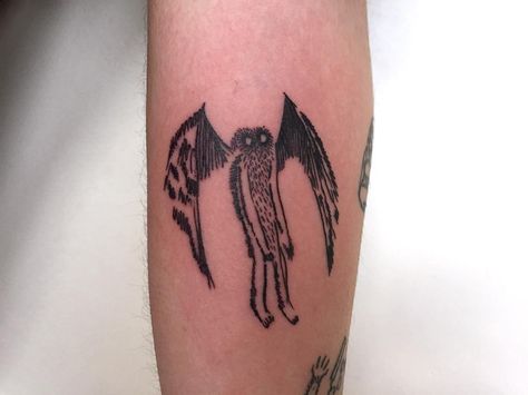 Small Mothman Tattoo, Mothman Tattoo Simple, Cryptids Tattoo, Homebody Tattoo, Moth Man Tattoo, Cryptid Tattoo Ideas, Cryptid Tattoos, Cryptid Tattoo, Spooky Flash Tattoo