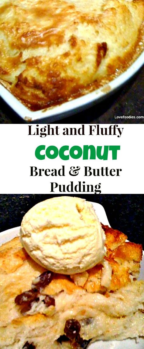 Light Fluffy Coconut Bread and Butter Pudding. Similar to French Toast only much fluffier. Great served warm from the oven just as it is or like me, with a blob of creamy coconut ice cream too! | Lovefoodies.com Coconut Bread Pudding, French Coconut Pie, Almond Milk Recipes, Butter Pudding, Coconut Bread, Coconut Pie, Bread And Butter Pudding, Bread Pudding Recipe, Pudding Cake