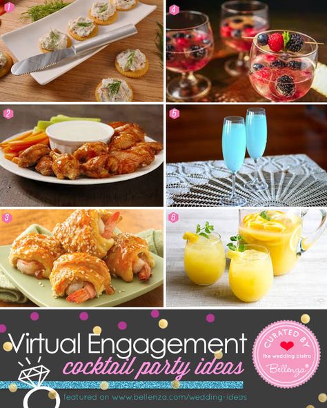 Virtual Engagement Party Appetizer and Cocktail Pairings Engagement Cocktail Party Ideas, Engagement Party Appetizers, Engagement Party Evite, Salmon Spread, Bread Booze Bacon, Pineapple Mint, Buffalo Chicken Wings, Special Events Decor, Throw A Party