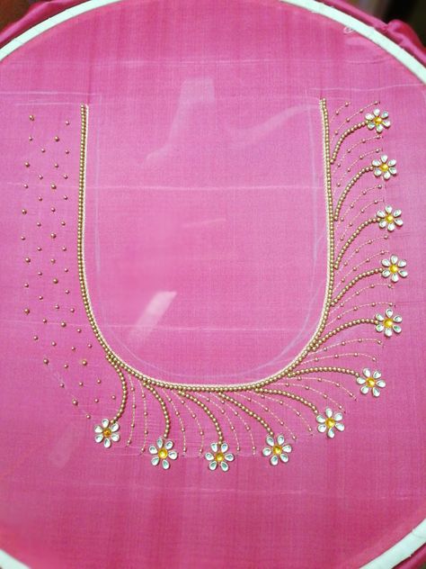 Medium Aari Work Blouse Design, Neck Design For Aari Work, Chudidhar Aari Neck Designs, Pink Color Blouse Aari Work Design, Simple Blouse Designs Aari Work, 1000rs Aari Work Blouse Design, Beads Work On Blouse Simple, Aari Work Hand Design Simple, Aari Work Blouse Simple Design For Hand