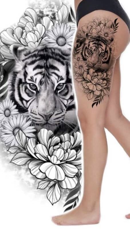 Tattoo Pierna Mujer, Tiger Tattoo Thigh, Tiger Hand Tattoo, Butterfly Thigh Tattoo, Thigh Piece Tattoos, Side Hip Tattoos, Mujeres Tattoo, Sunflower Tattoo Sleeve, Arm Sleeve Tattoos For Women