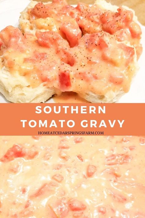 Creamed Tomatoes And Biscuits, Tomato Gravy With Fresh Tomatoes, Tomato Gravy Recipe Southern, Creamed Tomatoes, Tomato Gravy Recipe, Homemade Gravy Recipe, Easy Gravy Recipe, Tomato Breakfast, Garden Tomatoes