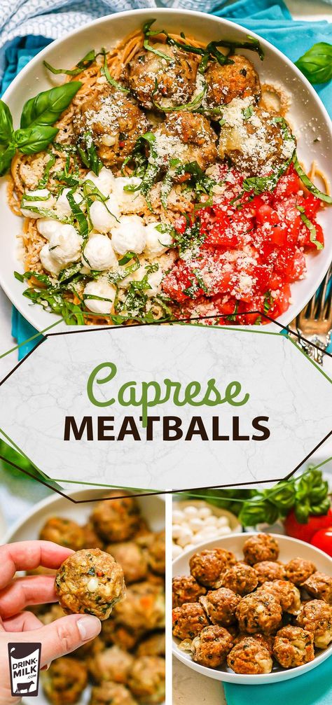 Flavorful ground turkey meatballs stuffed with mozzarella and baked to perfection. Ground Meat Dinners, Ground Turkey Meatball Recipes, Meatballs Stuffed With Mozzarella, High Blood Pressure Diet Meals, Caprese Recipe, Ground Turkey Meatballs, Ground Beef Meatballs, Mediterranean Recipes Healthy, Caprese Recipes