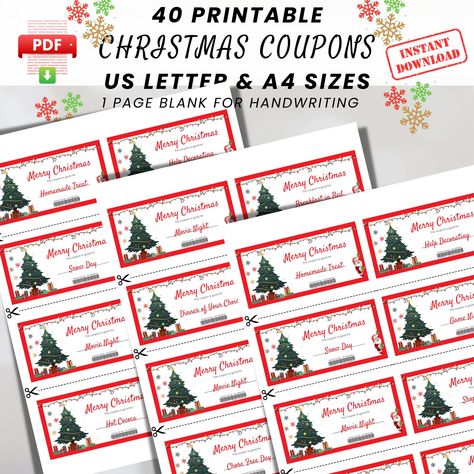 Christmas Coupon Book, Christmas Gift Template, Coupons For Kids, Gift Template, Christmas Coupons, Candlelit Dinner, Coupon Book, Printable Coupons, Printable Christmas