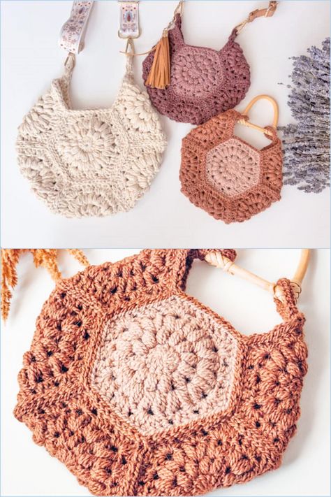 10 Free Crochet Bag Patterns For All Types & Styles - The Newlywed Unique Crochet Ideas, Granny Square Bag Pattern, Crochet Bag Ideas, Free Crochet Bag Patterns, Square Bag Pattern, Hexagon Crochet Pattern, Hexagon Crochet, Purse Patterns Free, Daisy Bags