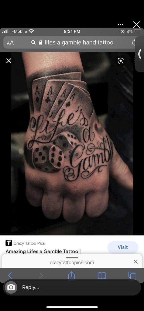 Life's A Gamble Tattoo, Lifes A Gamble Tattoo, Gamble Tattoo, Herren Hand Tattoos, Arm Tattoos Drawing, Maching Tattoos, Vegas Tattoo, Father Tattoos, Rose Hand Tattoo