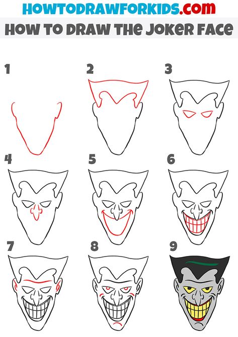 how to draw joker face step by step Joker Art Drawing Easy, Drawing Joker Easy, How To Draw The Joker Step By Step, The Joker Drawing Easy, How To Draw Joker Step By Step Easy, How To Draw The Joker, How To Draw Joker, Joker Sketch Easy, Superhero Drawings Easy