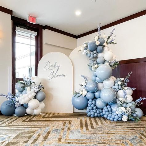 Blue Baby Shower Balloon Arch, Blue Theme Baby Shower Ideas, Blue Baby Shower Table Decor, Dusty Blue Baby Shower Decor, Baby In Bloom Blue Shower Ideas, Shades Of Blue Baby Shower Ideas, Blue Backdrop Ideas, Baby Boy In Bloom Shower Ideas, Baby Blue Decorations