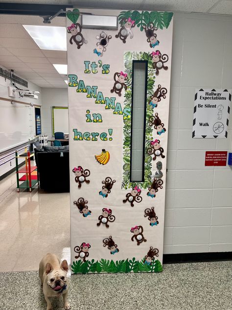 Wild jungle theme door for classroom. 3-D monkeys’ tummies have honeycomb pop-outs. Students’ names on the hair bows & bow ties. Jungle Theme Classroom Door, Jungle Theme Door Decorations, Jungle Door Decorations, Zoo Themed Classroom Door, Zoo Theme Door Decoration, Jungle Classroom Door Safari Theme, Monkey Door Decorations Classroom Decor, Monkey Bulletin Board Ideas, Jungle Classroom Door