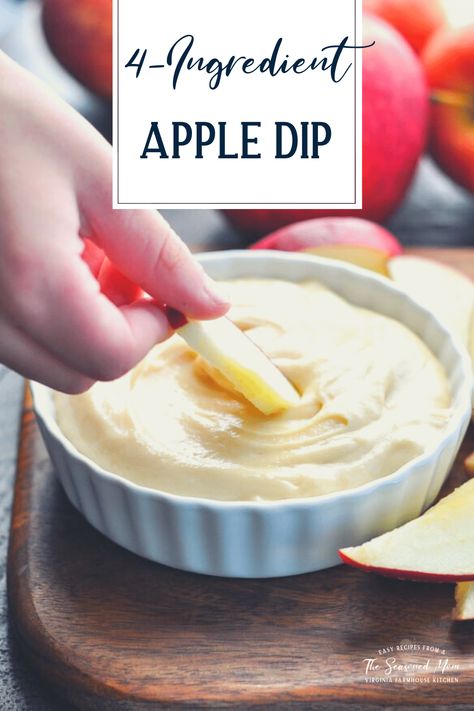 Thick, rich, and smooth, this 4-Ingredient Cream Cheese Apple Dip is a sweet and easy snack recipe that's ready in about 5 minutes. Whether you keep it in the refrigerator for after-school munchies or serve it at your next fall party, the crowd-pleasing treat will make everyone smile! Cream Cheese Apple Dip, Apple Dip Recipe, Leftover Recipes, The Seasoned Mom, Sliced Pears, Savory Dinner, Sweet Dips, Apple Dip, Apples And Cheese