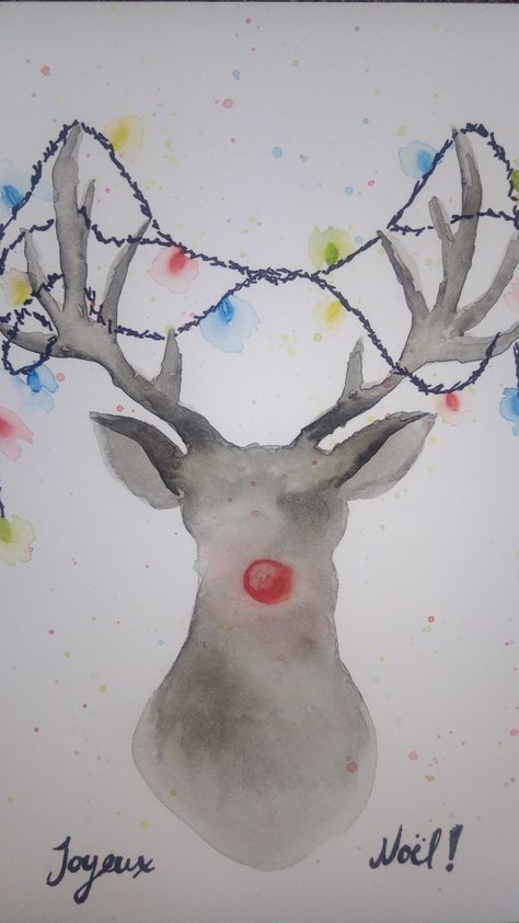 Rudolph Watercolor, Watercolour Reindeer, Reindeer Watercolor, Christmas Watercolors, Christmas Party Crafts, Painted Christmas Cards, Christmas Mix, Watercolor Calligraphy, Art Cart