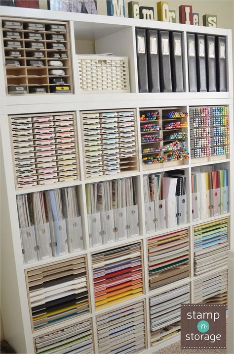 Kallax Organization, Ikea Shelving, Ikea Kallax Shelving, Ikea Kallax Shelf, Ikea Craft Room, Craft Paper Storage, Ikea Crafts, Kallax Shelf, Craft Storage Organization