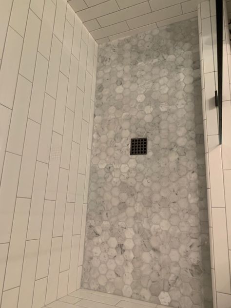 Carrara octagon shower floor tile Octagon Shower Floor, Octagon Shower Tile, Beige Shower Tile Ideas, Octagon Tile Bathroom, Small Bath Remodel, Beige Shower Tile, Octagon Tile, Hexagon Floor, Master Bath Shower