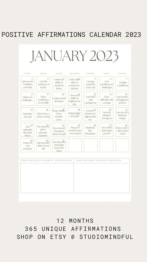 This calendar is designed to give you a good start of 2023, delivering a new positive affirmation for each day of the year to become your highest self. #positiveaffirmations #positivity #selflove #selfhelp #manifestation Highest Self, 2023 Calendar, Life Challenges, Positive Affirmation, Calendar Design, Each Day, Positive Affirmations, Self Help, Self Love