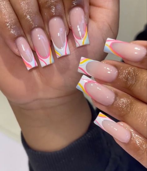 Nails With Abstract Lines, Smile Line Nails, Lines Nails, Line Nails, Smile Lines, Colored Acrylic Nails, French Tip Acrylic Nails, Long Acrylic Nails Coffin, Acrylic Nails Coffin Short