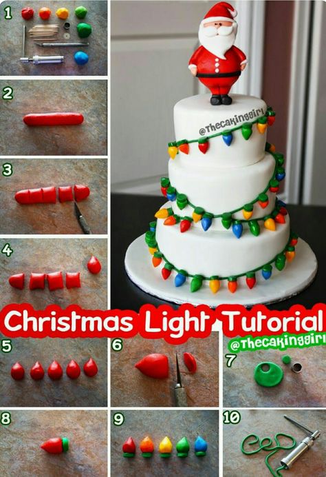 Santa christmas light holiday cake Christmas Light Cake, Light Cake, Christmas Cake Ideas, Surprise Cake, Christmas Cake Designs, Light Cakes, Christmas Cake Decorations, Xmas Cake, Fondant Figures