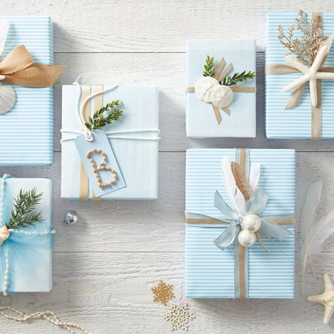 Coastal Christmas Wrapping Paper, Beach Theme Gifts, Gift Wrap Ideas, Christmas Wrap, Gift Wraps, Coastal Elegance, Unique Gift Wrapping, Pine Branches, Wrap Ideas