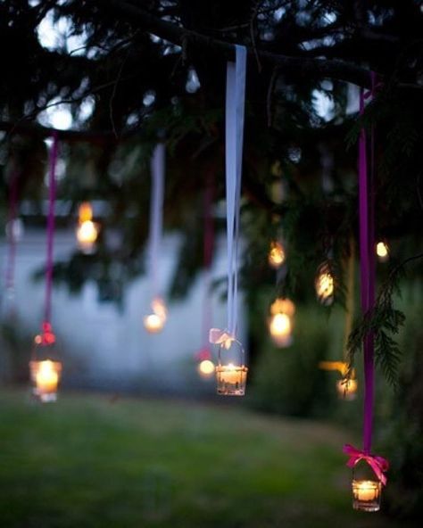 Hanging Tea Lights | 28 Outdoor Lighting DIYs To Brighten Up Your summer....  Great ideas here! So clever, easy, inexpensive (cupcake liners, paper cups, vellum sheets, party hats... ) Adds so much to the decor too! Candlelight Aesthetic, Lights Hanging, Henna Party, Party Lights, Wedding Cake Designs, Outdoor Party, Garden Wedding, Future Wedding, Cake Designs