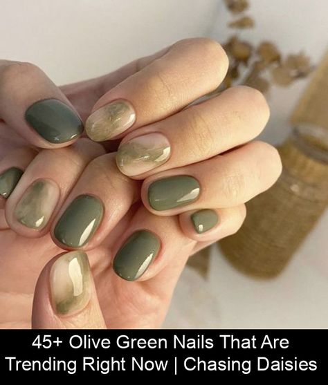 If you're looking to try out something new, why not go for olive green nails on your next trip to the salon? It's quite tempting to always go for more classic colors like black, red, Simple Olive Green Nails, Safari Green Nails, Olive Green Almond Nails, Olive Nail Designs, Nails Olive Green, Olive Green Nail Designs, Chasing Daisies, Olive Green Nails, Olive Nails