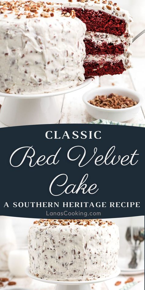 Red Velvet Cake is a classic, much-loved recipe. The combination of rich cocoa layers and the luscious cream cheese frosting studded with pecans is a southern favorite! Red Velvet Cake With Cream Cheese, Authentic Red Velvet Cake Recipe, Southern Living Red Velvet Cake, Classic Red Velvet Cake, Southern Red Velvet Cake From Scratch, Old Fashion Red Velvet Cake Recipe, Southern Living Red Velvet Cake Recipe, Red Velvet Cake Icing Recipe, Red Velvet Cake With Pecans