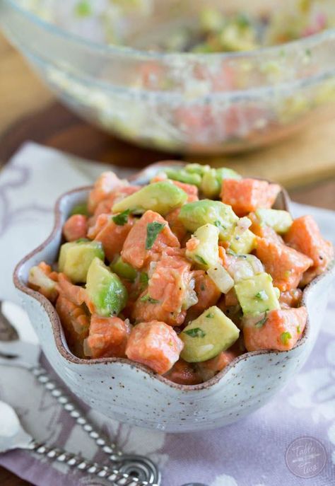 Salmon ceviche is so easy to make! A great appetizer for any meal! Salmon Ceviche, Cooking Fish, Food Fish, Ceviche Recipe, Table For Two, Fish Recipe, Fish Food, Great Appetizers, Cooking Food