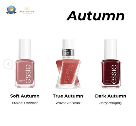 Dark Autumn Nail Polish, True Autumn Nail Color, Deep Autumn Nail Polish, Autumn Nail Polish, Seasonal Analysis, Essie Nail Polish Colors, Colour Season, Autumn Skin, Autumn Makeup