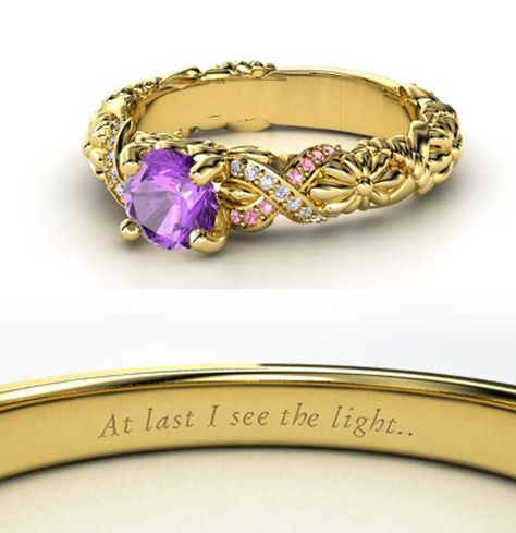 Disney Princess Inspired Rings~Rapunzel~Blooming flowers and braided vines of yellow gold run through with diamonds and pink tourmaline accenting this ring while a large, brilliant amethyst takes center stage. Disney Princess Wedding Rings, Disney Princess Inspired Rings, Rapunzel Ring, Disney Princess Rings, Disney Princess Engagement Rings, Princess Wedding Rings, Disney Engagement Rings, Rapunzel Wedding, Tangled Wedding