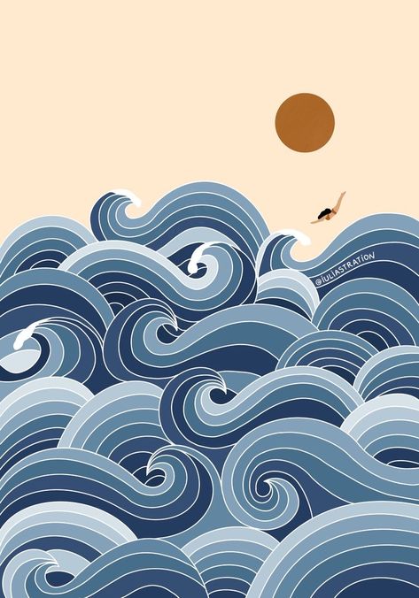 Ocean Aesthetic Illustration, Waves Illustration Art, Minimalist Surf Art, Ocean Wave Illustration, Waves Illustration Simple, Ocean Illustration Waves, Surf Art Drawing, Water Illustration Design, Ocean Illustration Art