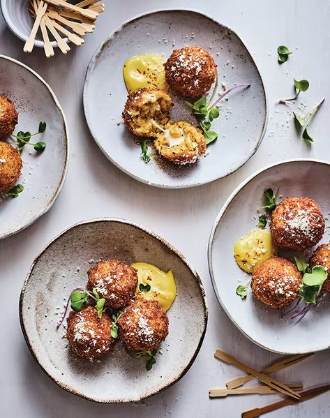 Aloo Tikki Arancini with Saffron Aioli Recipe - PureWow Saffron Aioli, Fried Potato Patties, Veg Appetizers, Gastronomic Food, Summer Appetizers, Cafe Recipes, Blue Rocks, Aloo Tikki, Fall Dinners